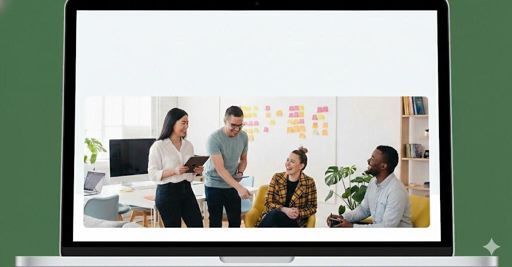 A laptop screen showing four colleagues collaborating in an office in front of a wall of sticky notes